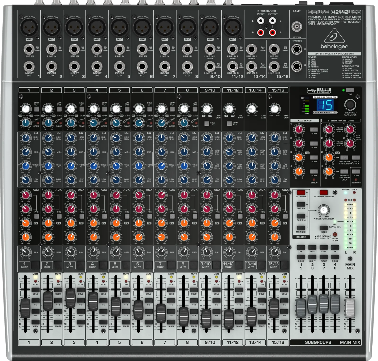Behringer XENYX X2442USB keverő effekt processzorral 24 bemenet 4/2 Bus