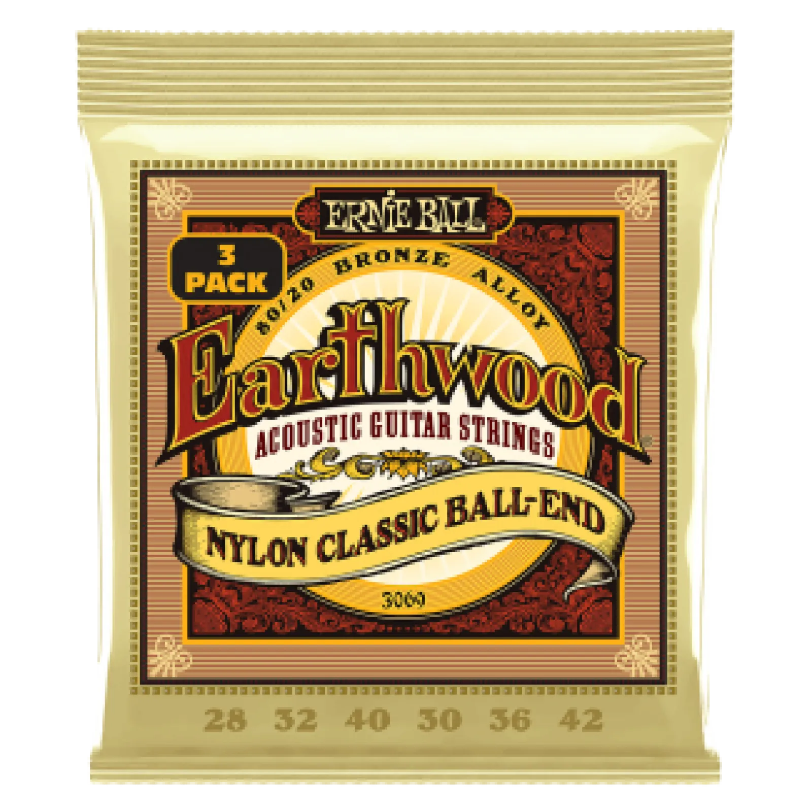 Ernie Ball EARTHWOOD FOLK NYLON CLEAR&GOLD BALL END 3 Pack
